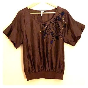 BCBG Brown and blue floral blouse